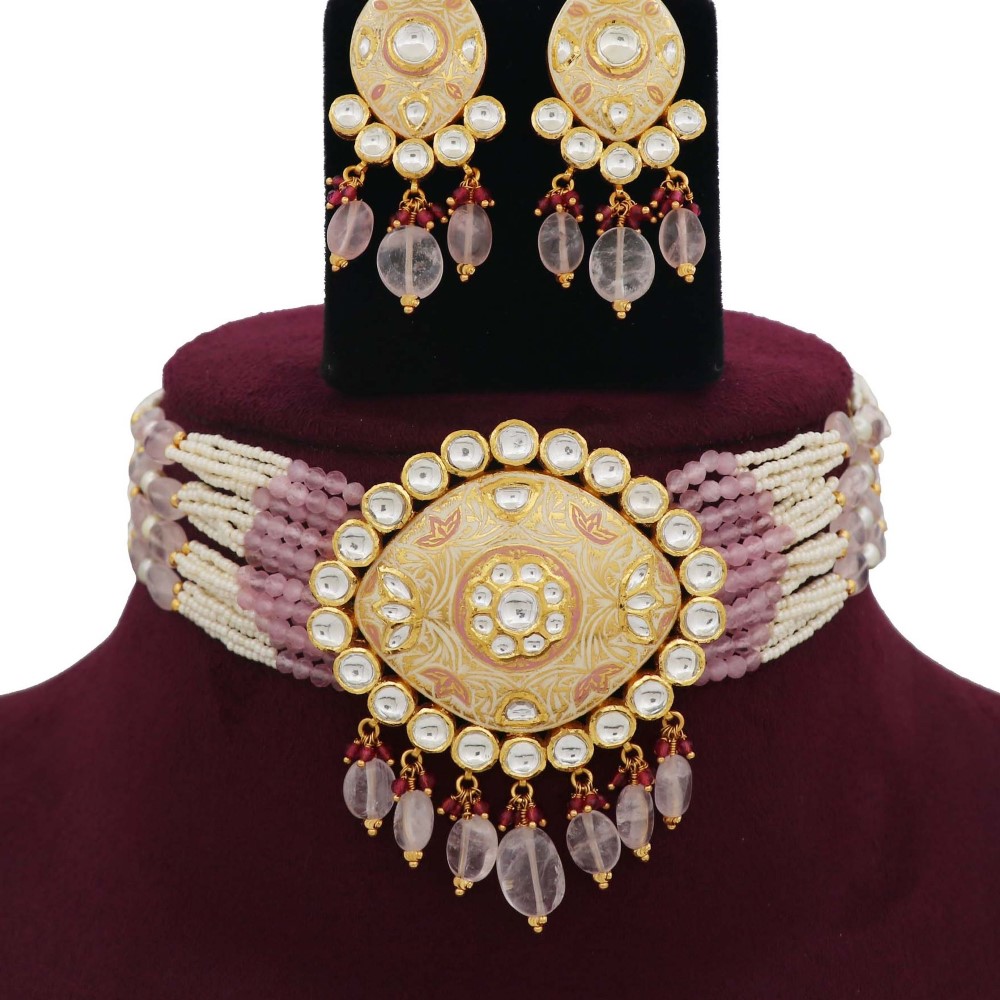 Colourful Pearl Elegant Gold Studded Necklace Set AJNS29
