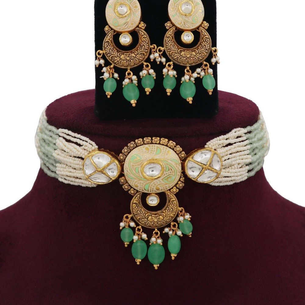 Pearl Cocktail Gold Studded Necklace Set AJNS27