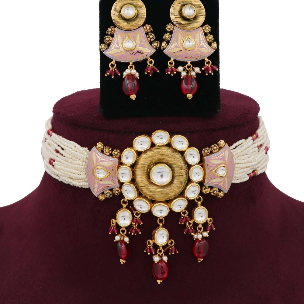 Pearl Shining Gold Studded Necklace Set AJNS21