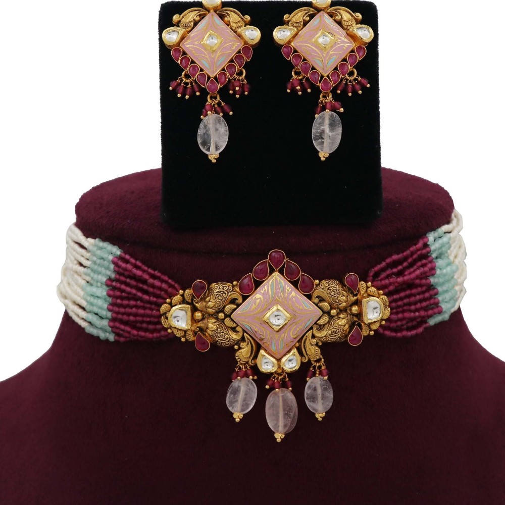 Pearl Delicate Gold Studded Necklace Set AJNS18