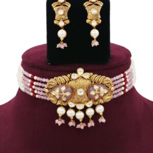 Pearl Attractive Bow cut-out Gold Studded Necklace Set AJNS17