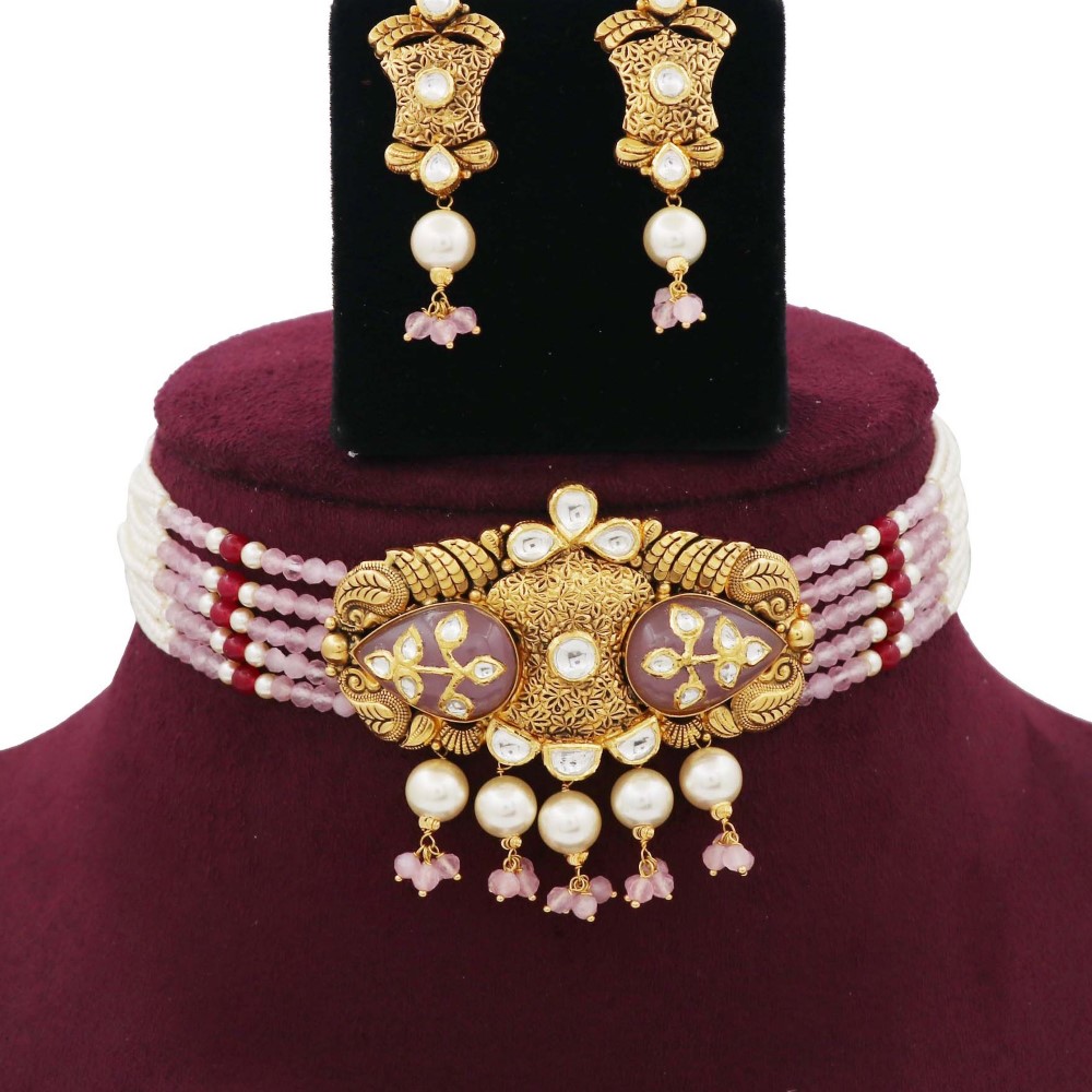 Pearl Attractive Bow cut-out Gold Studded Necklace Set AJNS17