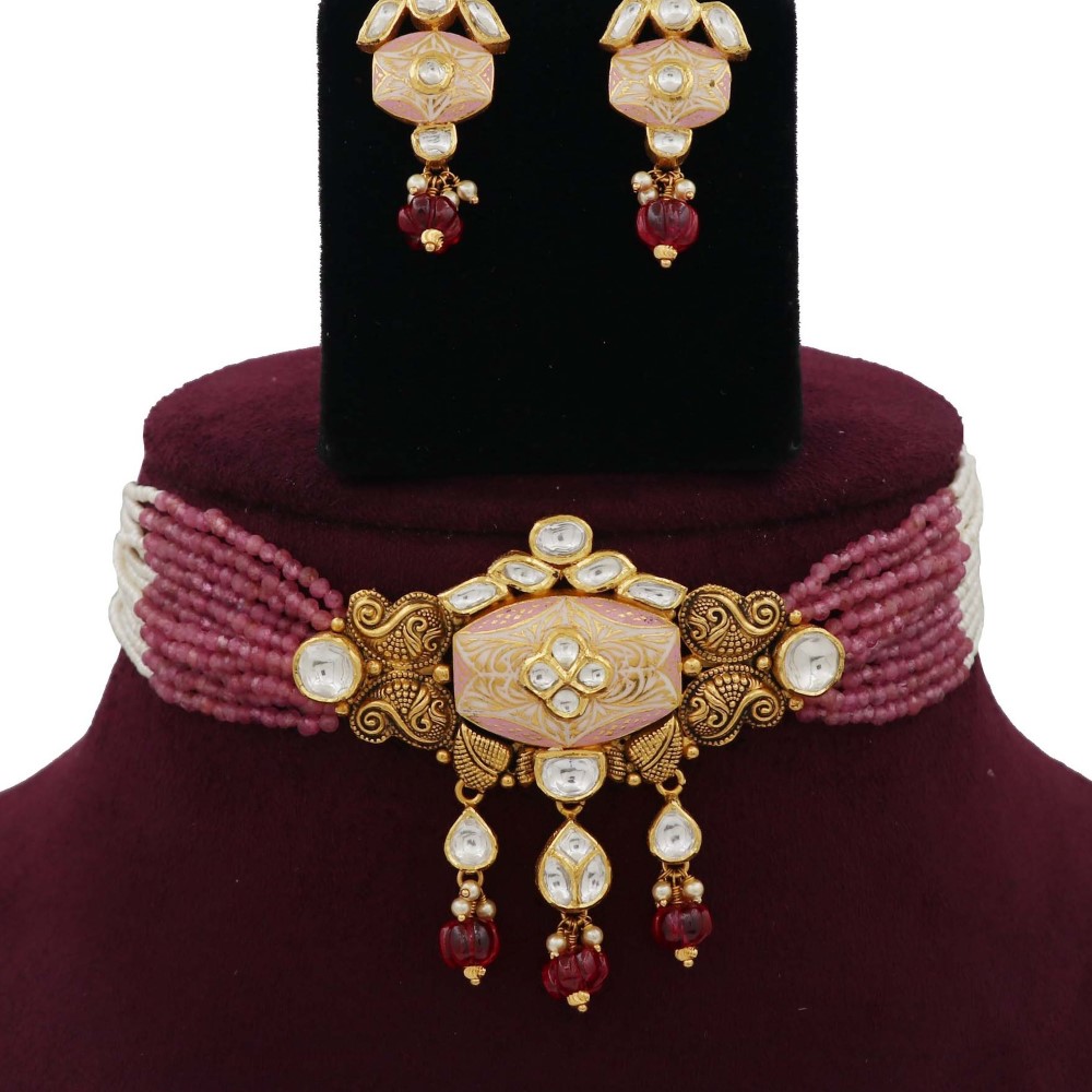 Pearl Simple Gold Studded Necklace Set AJNS16