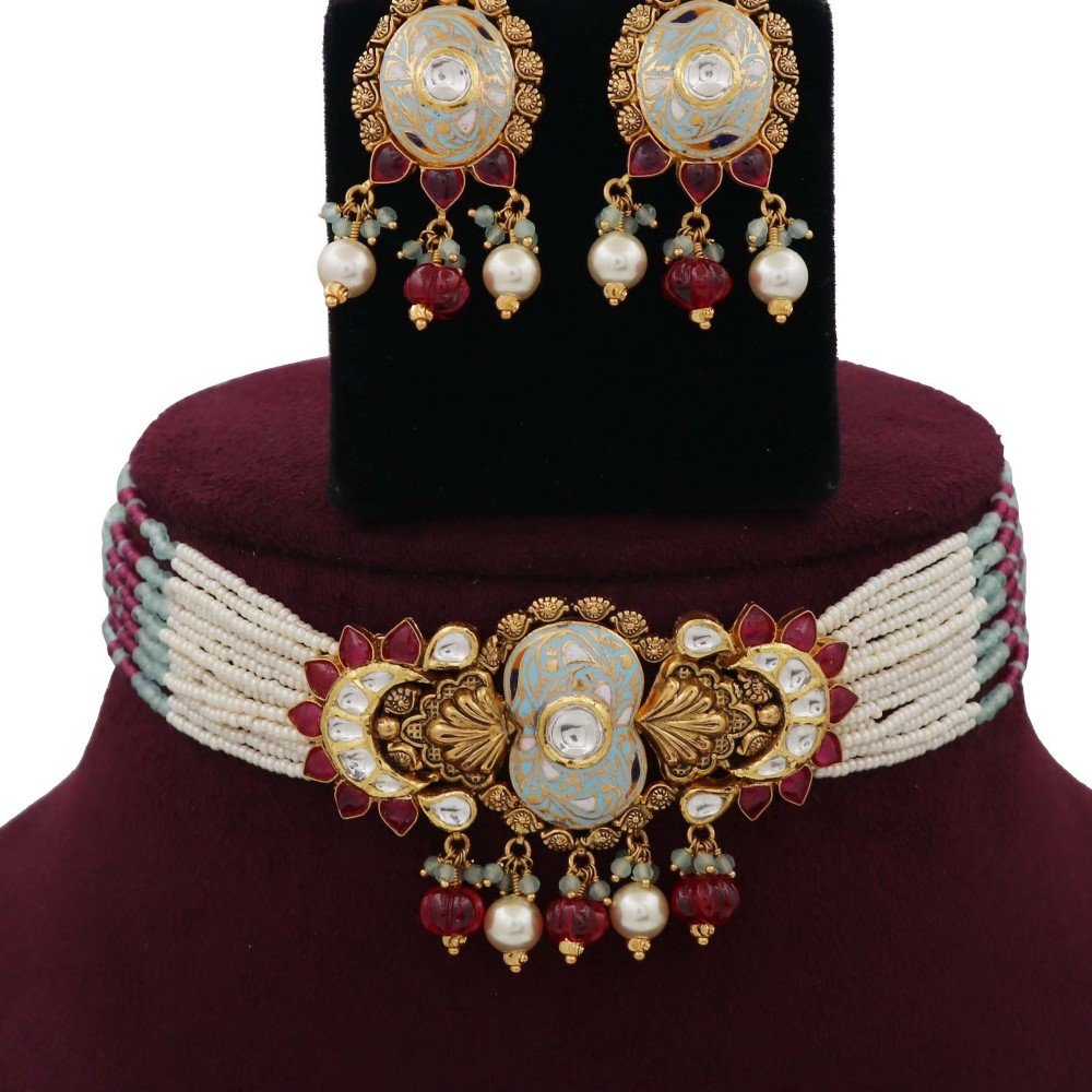 Pearl Interlink Gold Studded Necklace Set AJNS14