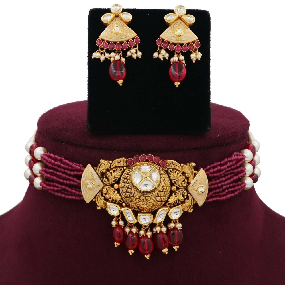 Pearl Sparkling Gold Studded Necklace Set AJNS12