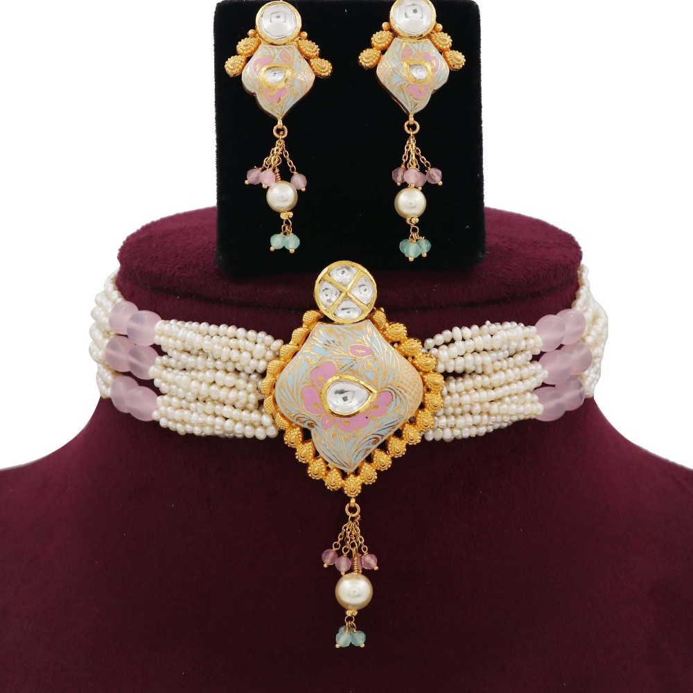 Pearl Classy Gold Studded Necklace Set AJNS11