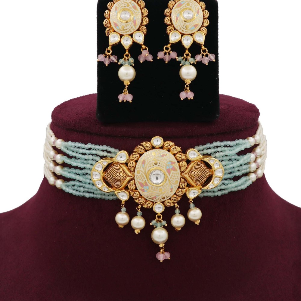Pearl Stylish Gold Studded Necklace Set AJNS10