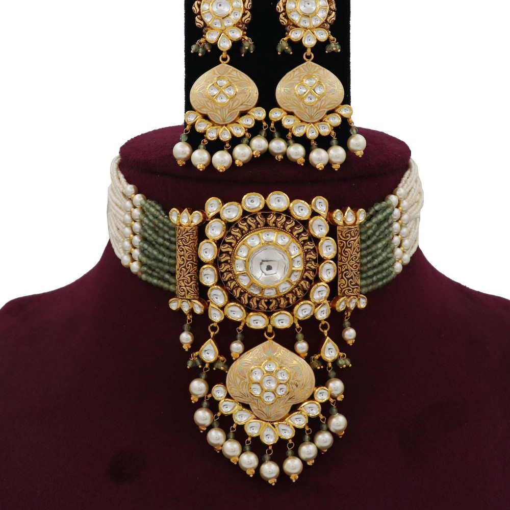 Pearl Unique Gold Studded Necklace Set AJNS09