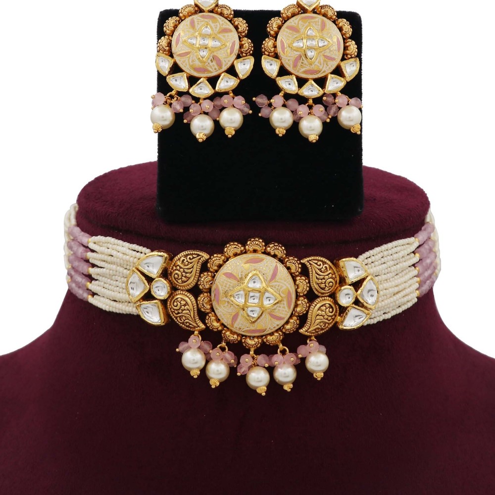 Pearl Beautiful Gold Studded Necklace Set AJNS07