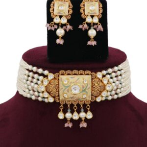 Pearl Attractive Floral Gold Studded Necklace Set AJNS06