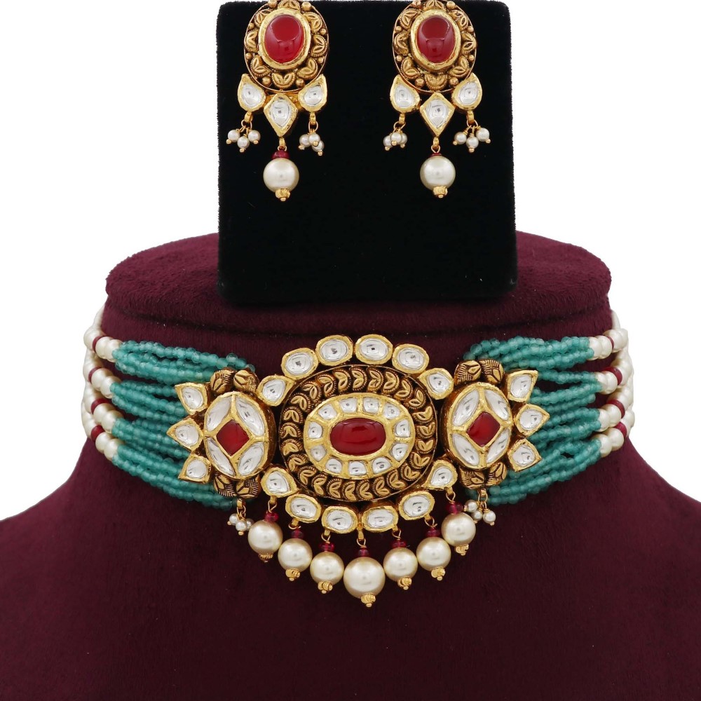 Pearl Dazzling Gold Studded Necklace Set AJNS05