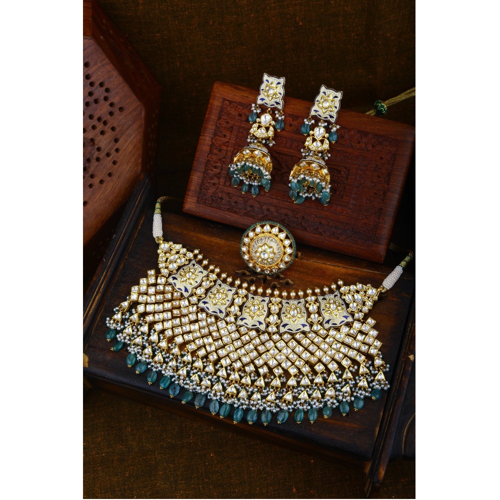 22KT Gold Designer Kundan Wedding Necklace Set