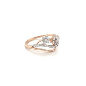 Curved Band Double Diamond Flower Ring in 14k Rose Gold