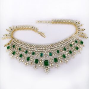 Designer Green Stone Wedding Diamond Necklace Set C-19490