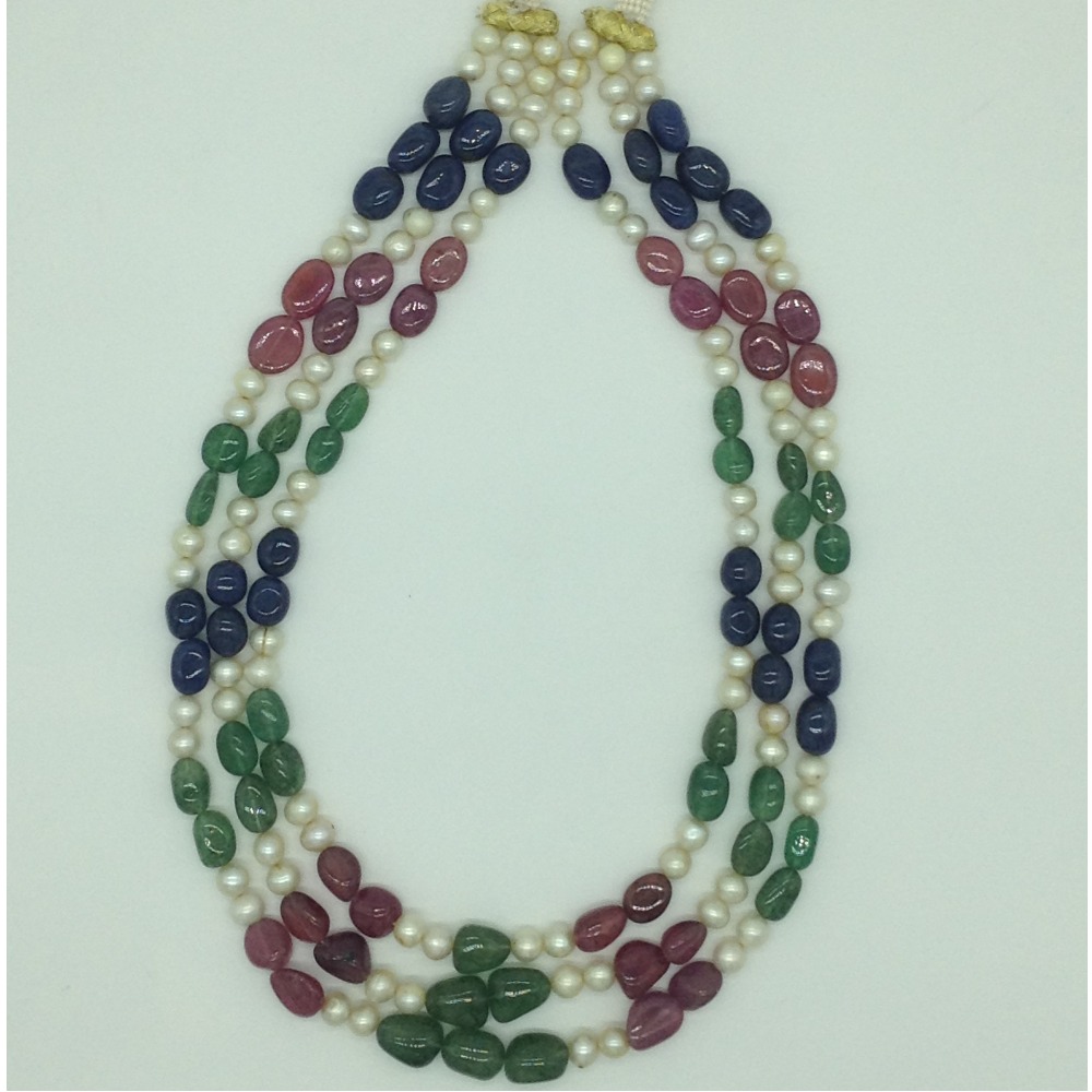 Natural Multi Beeds and Pearls 3 Line Necklace JSS0192