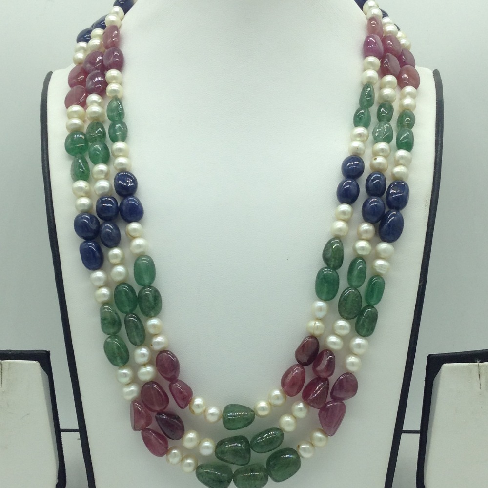 Natural Multi Beeds and Pearls 3 Line Necklace JSS0192