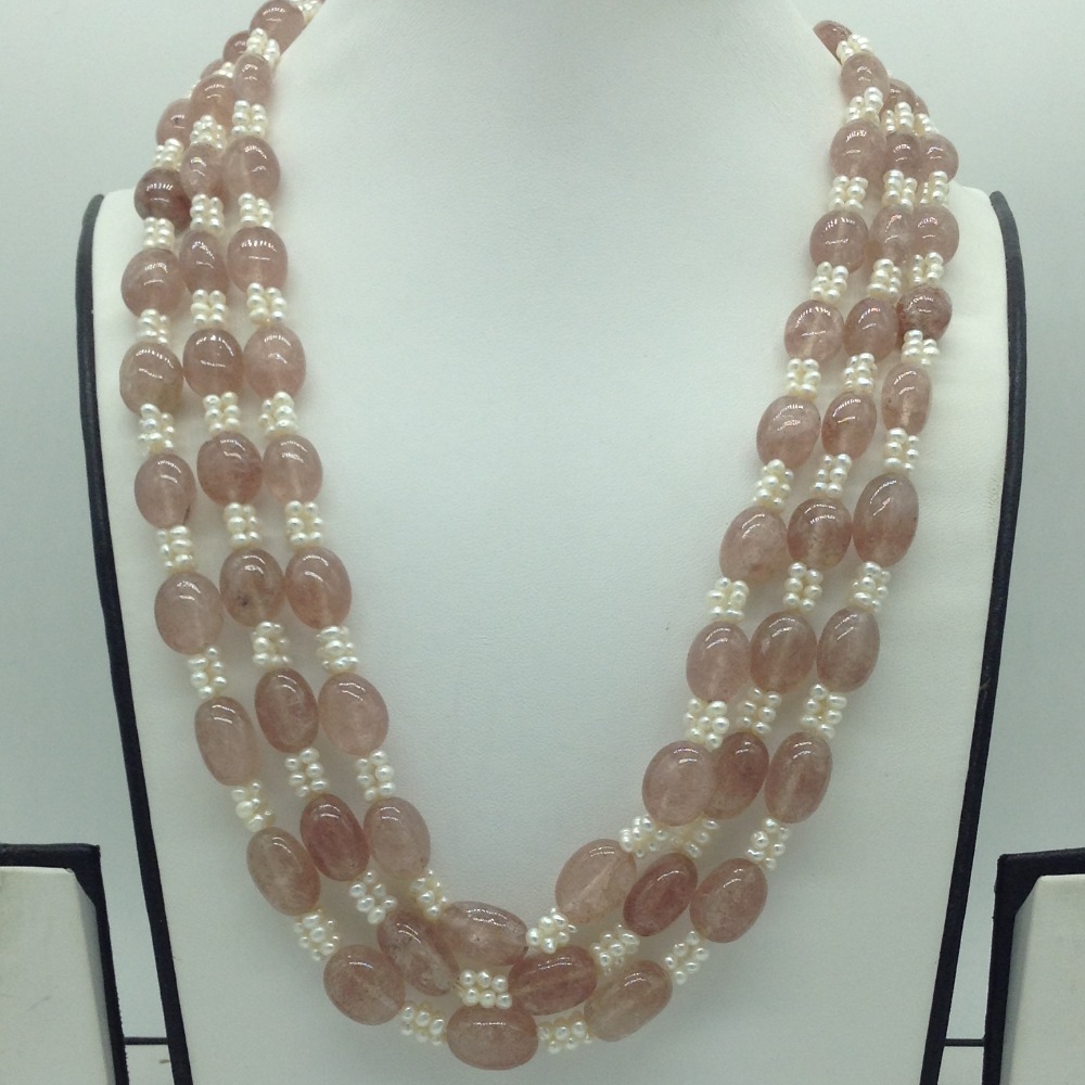 Natural Pink quartz and Pearls 3 Line Necklace JSS0190