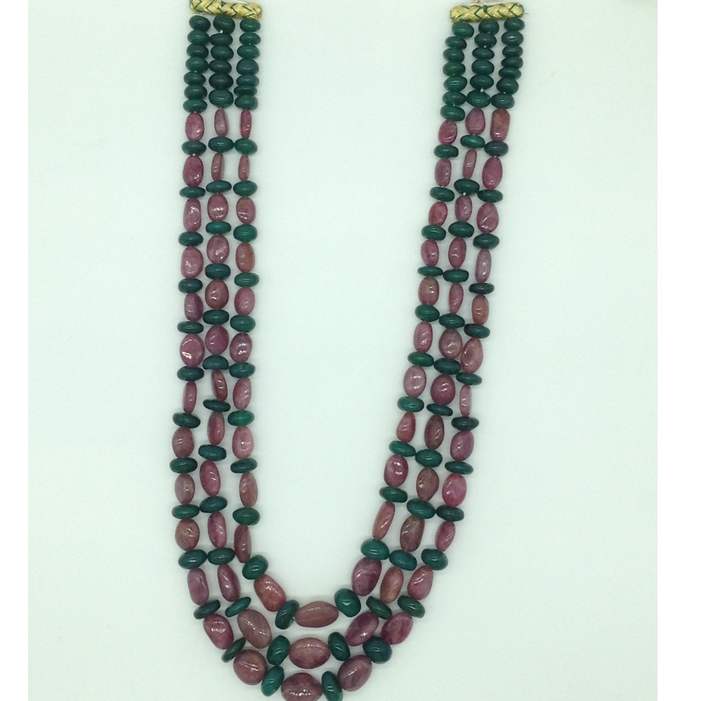 Natural Red Ruby and Green Beryl 3 Line Necklace JSS0189