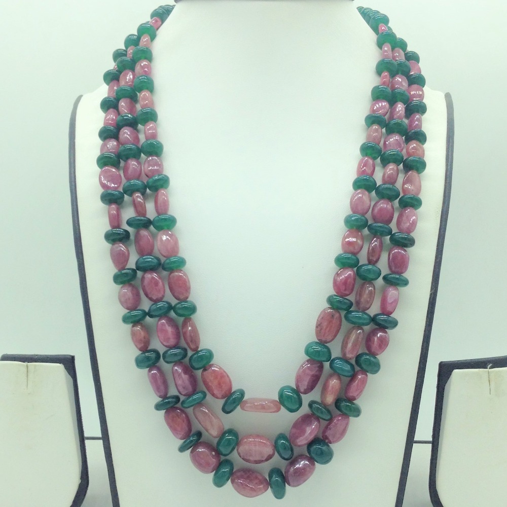 Natural Red Ruby and Green Beryl 3 Line Necklace JSS0189