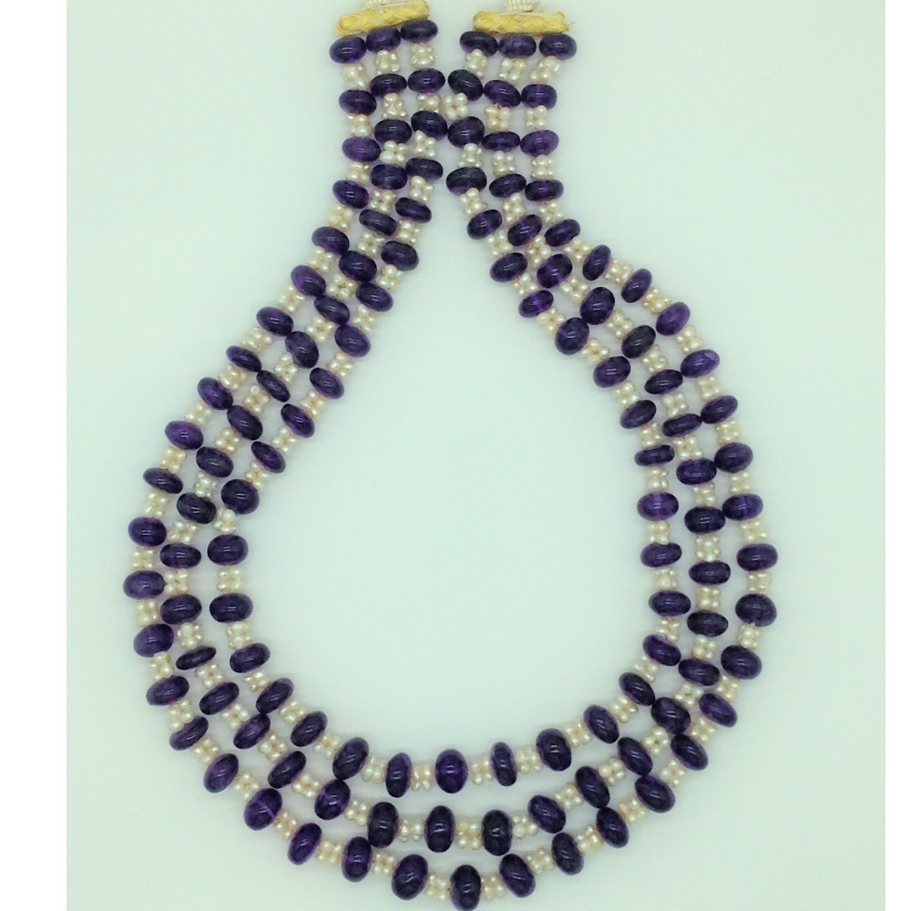 Natural Amethyst Round Beeds and Pearls 3 Line Necklace JSS0188