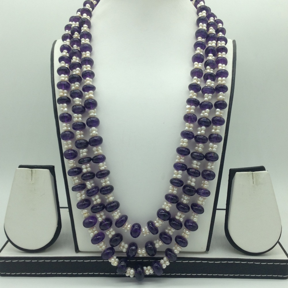 Natural Amethyst Round Beeds and Pearls 3 Line Necklace JSS0188