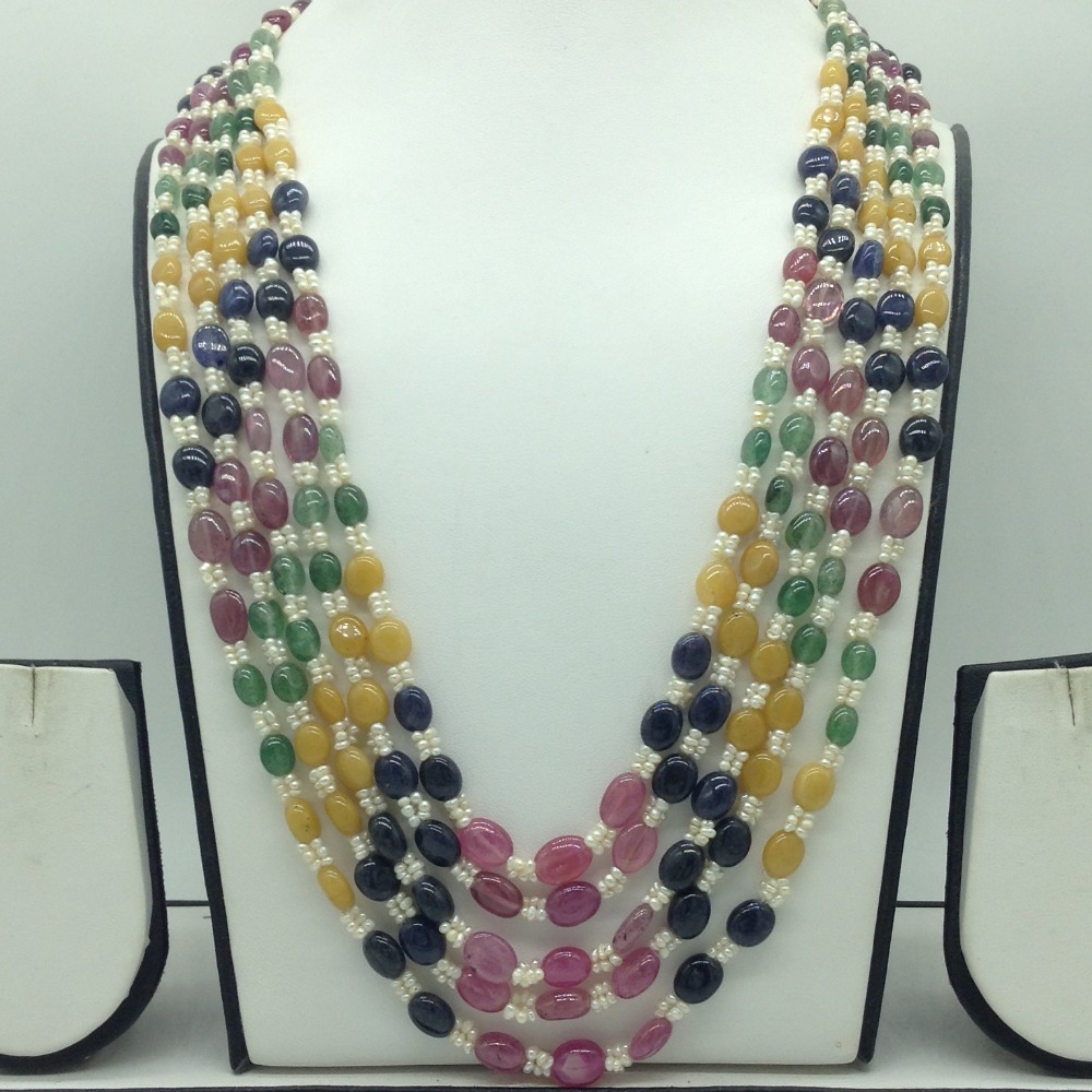 Natural Multi Precious Beeds and Pearls 5 Line Necklace JSS0187