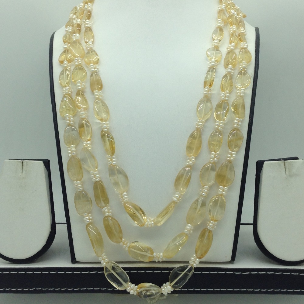Natural Citrine Oval Beeds and Pearls 3 Line Necklace JSS0186