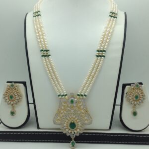 White,Green CZ Ranihaar Set With 3 Line Pearls Mala JPS0791