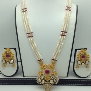 White,Red CZ Ranihaar Set With 3 Line Pearls Mala JPS0790
