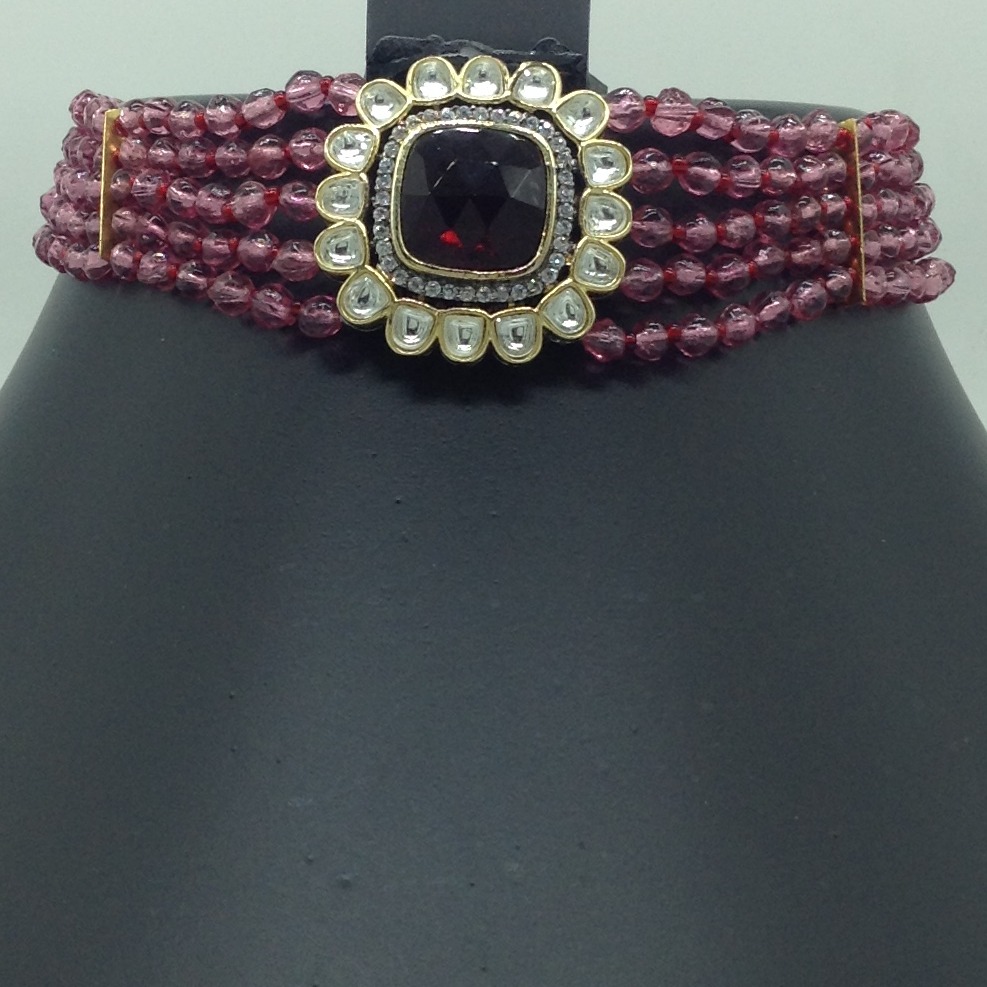 White Red Kundan Choker Set With 5 Line Red Beeds JPS0783