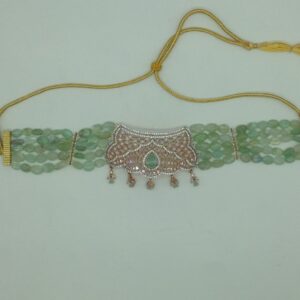 White Green CZ Choker Set With 5 Line Green Beeds JPS0782