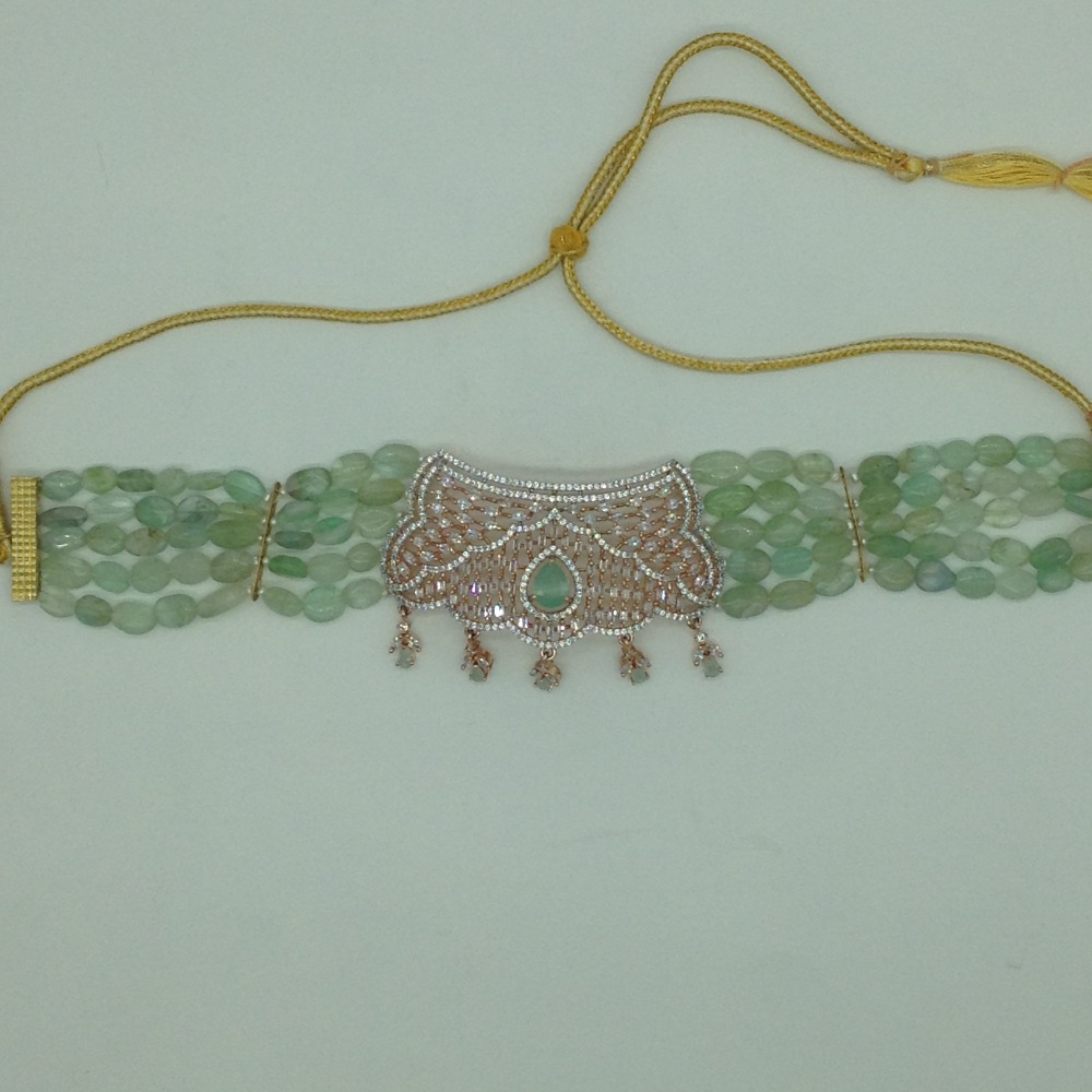 White Green CZ Choker Set With 5 Line Green Beeds JPS0782