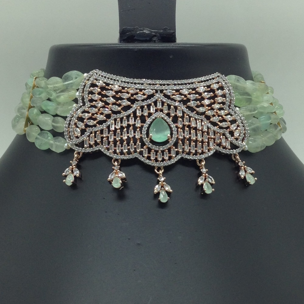 White Green CZ Choker Set With 5 Line Green Beeds JPS0782