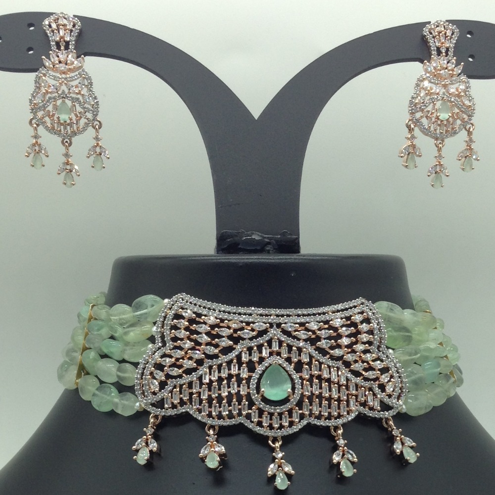 White Green CZ Choker Set With 5 Line Green Beeds JPS0782