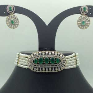 Green,White CZ Choker Set With 5 Line Pearls Mala JPS0780
