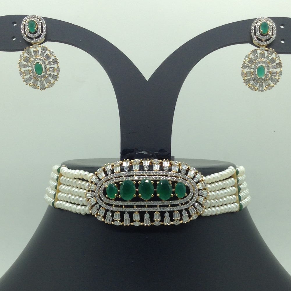 Green,White CZ Choker Set With 5 Line Pearls Mala JPS0780