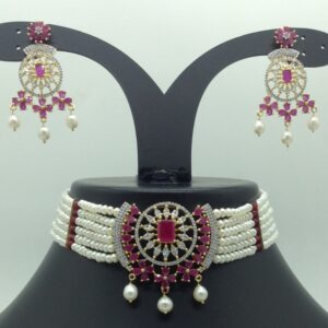 Red,White CZ Choker Set With 6 Line Pearls Mala JPS0779
