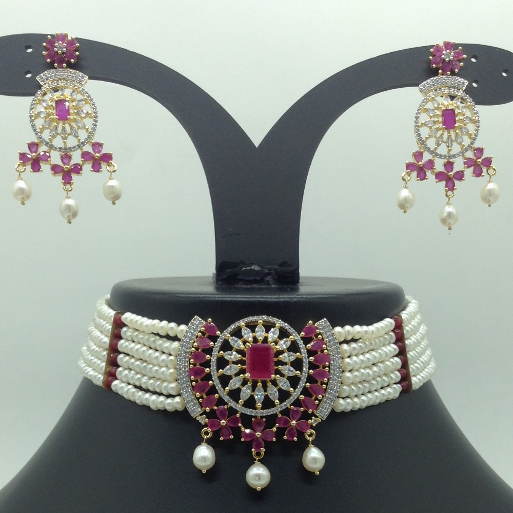 Red,White CZ Choker Set With 6 Line Pearls Mala JPS0779