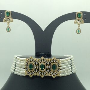 White,Green CZ Choker Set With 7 Line Pearls Mala JPS0777