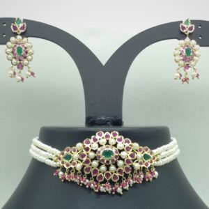 Red,Green CZ and Pearls Choker Set With 3 Line Pearls Mala JPS0776