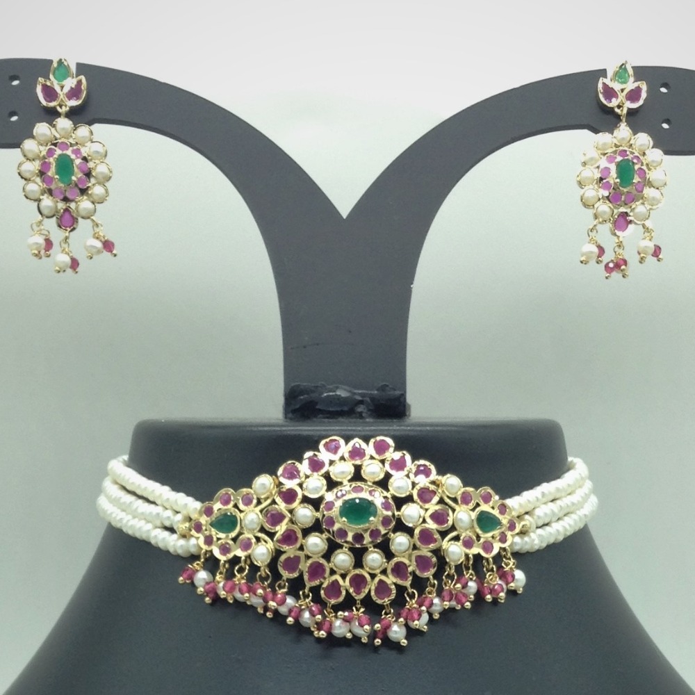 Red,Green CZ and Pearls Choker Set With 3 Line Pearls Mala JPS0776