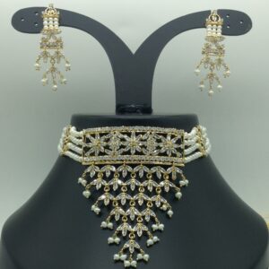 White CZ Choker Set With 4 Line Pearls Mala JPS0775