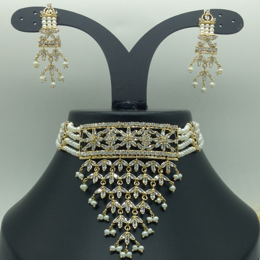 White CZ Choker Set With 4 Line Pearls Mala JPS0775