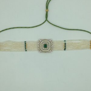 White,Green CZ Choker Set With 6 Line Pearls Mala JPS0774
