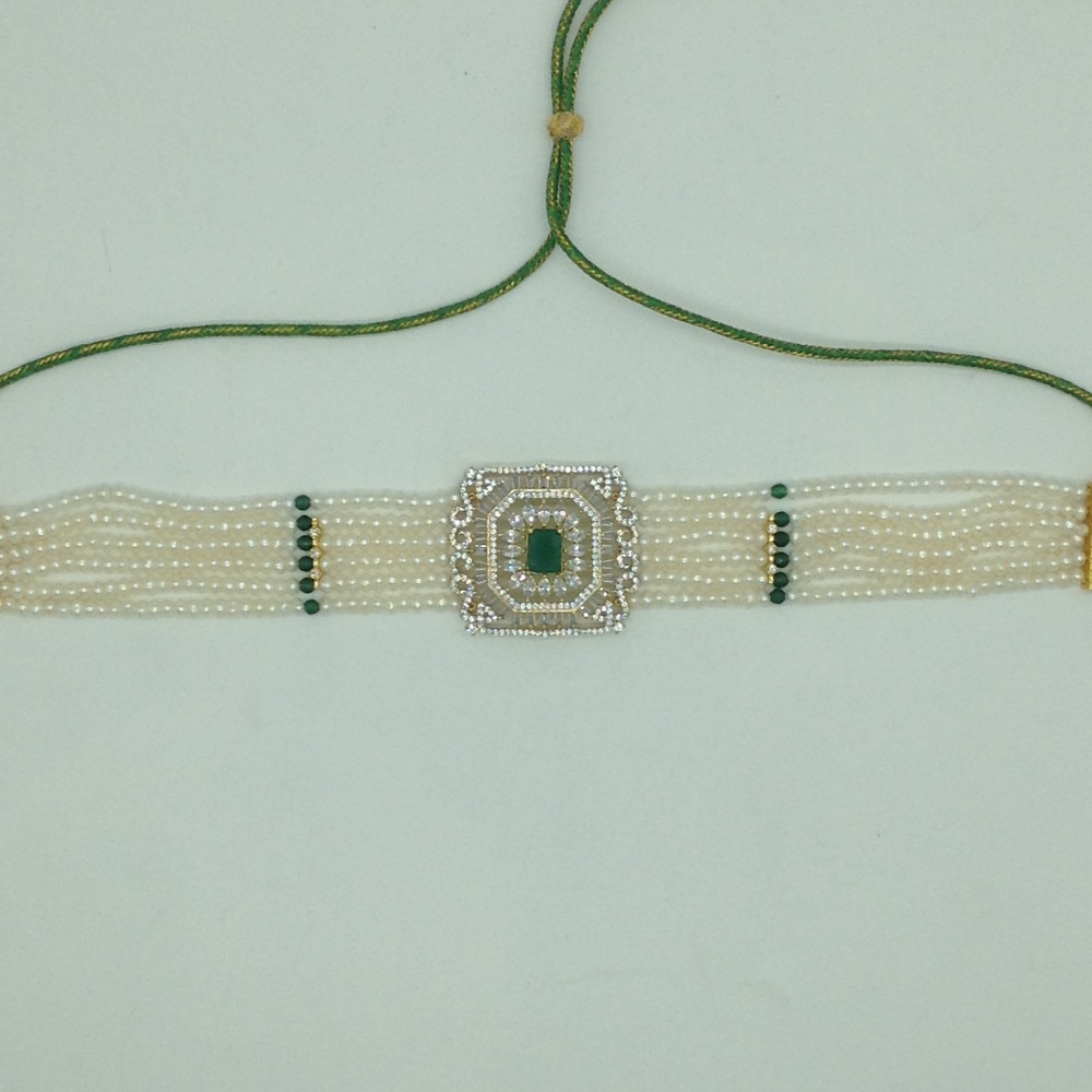 White,Green CZ Choker Set With 6 Line Pearls Mala JPS0774