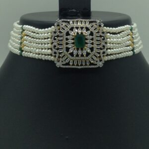 White,Green CZ Choker Set With 6 Line Pearls Mala JPS0774