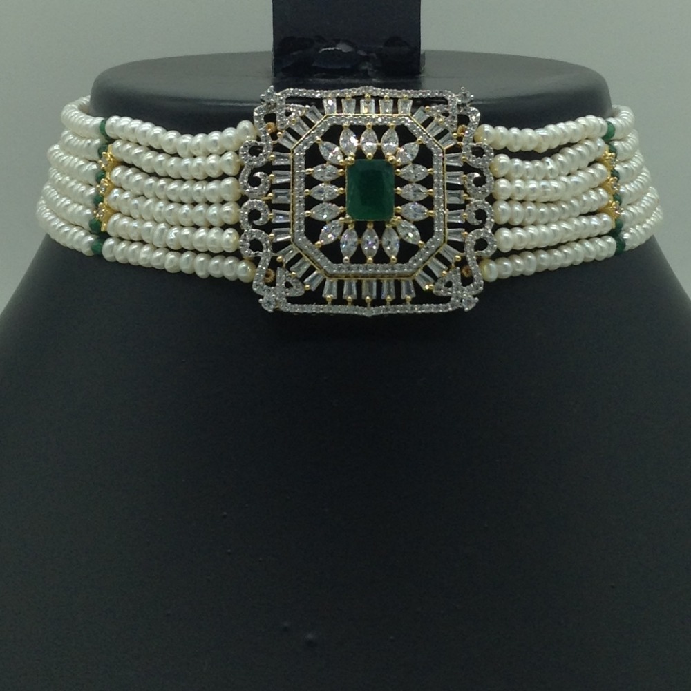 White,Green CZ Choker Set With 6 Line Pearls Mala JPS0774