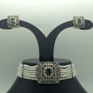 White,Green CZ Choker Set With 6 Line Pearls Mala JPS0774