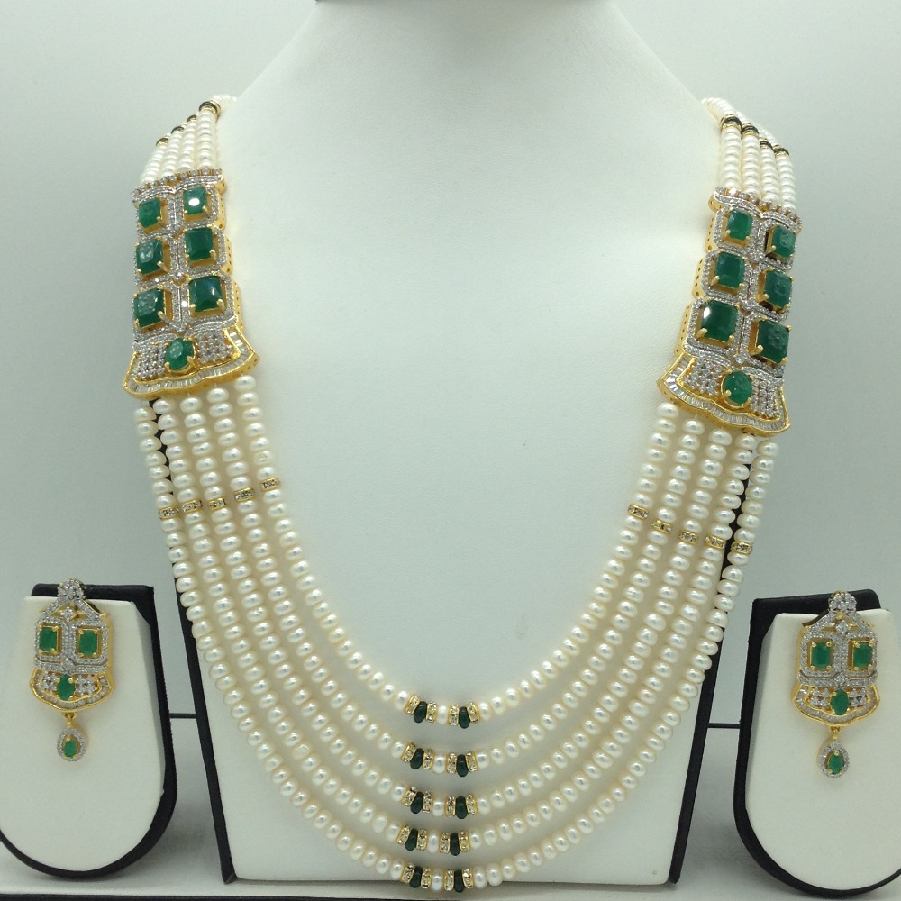 White,Green CZ Broach Set With 5 Line Pearls Mala JPS0769