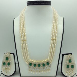 White,Green CZ Pendent Set With 4 Line Pearls Mala JPS0767